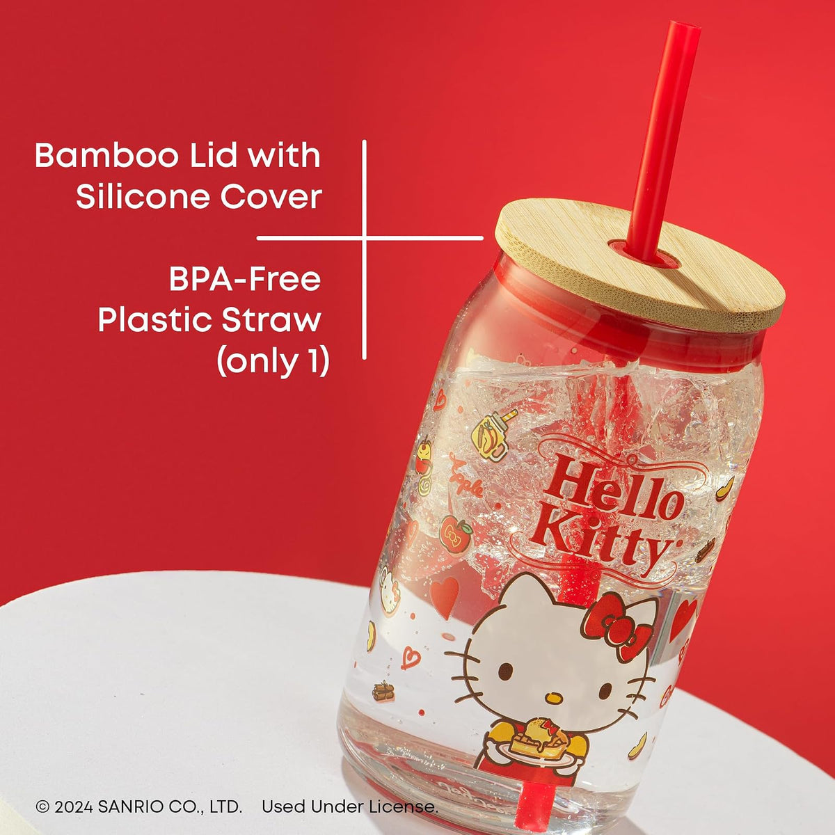 JoyJolt Sanrio - Vaso de vidrio con sabor favorito de Hello Kitty and Friends con tapa de bambú y popote, a prueba de fugas, taza transparente de 16 onzas con forma de lata de soda con Hello Kitty