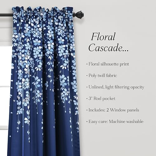 Lush Decor - Paneles de Cortina para Ventana con Filtro de luz, par, 52 Pulgadas de Ancho x 63 Pulgadas de Largo + cabecera de 2 Pulgadas, Color Azul Marino, Encantadoras Cortinas Florales Modernas