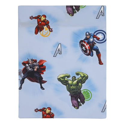 Disney Marvel Avengers Fight The Foes, Juego de Cama, 4 Piezas, Color Azul, Rojo, Verde Hulk, Iron Man, Thor, Capitán América, edredón, sábana Bajera Ajustable, sábana y Funda de Almohada Reversible