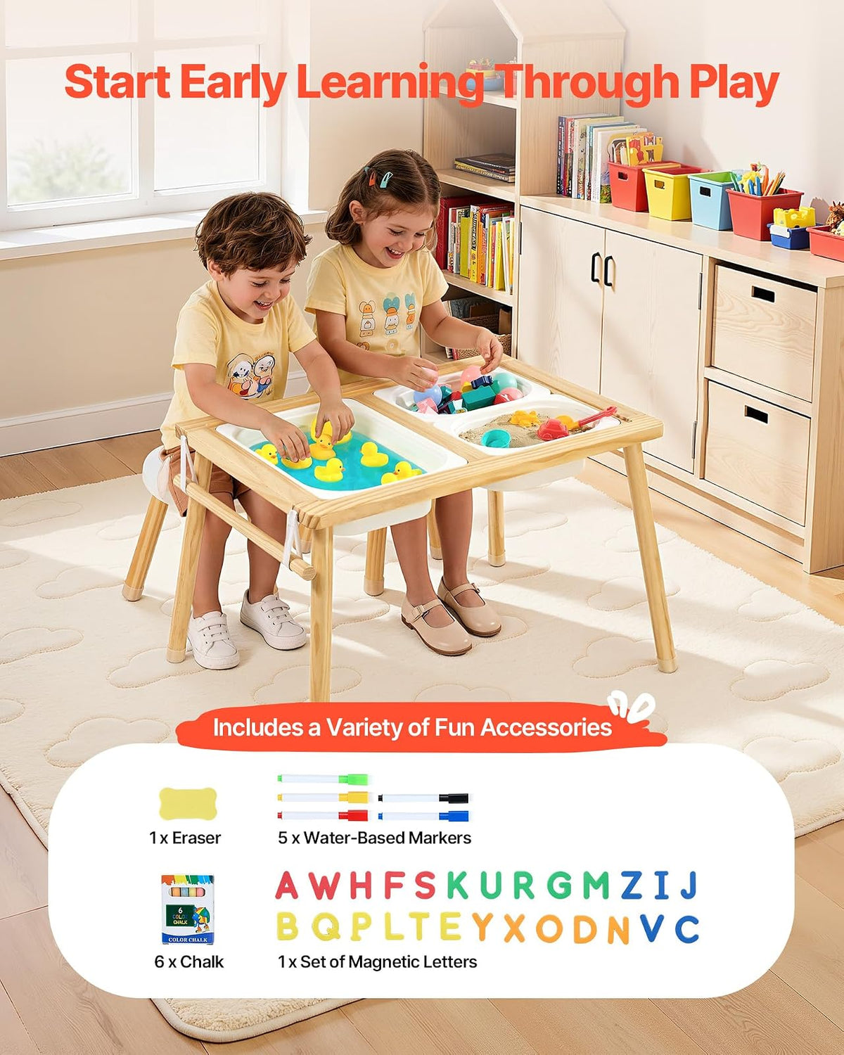 VEVOR Mesa Sensorial Infantil, Mesa de Madera de Actividades para Niños, con 2 Taburetes Tablero de Doble Cara y Cajas de Almacenamiento, Patas Antideslizantes, Multifuncional para Juegos Exploración