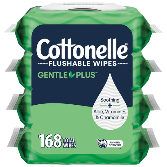 Cottonelle GentlePlus Toallitas húmedas desechables con aloe y vitamina E, 4 paquetes abatibles, 168 toallitas desechables totales, 42 unidades (paquete de 4)