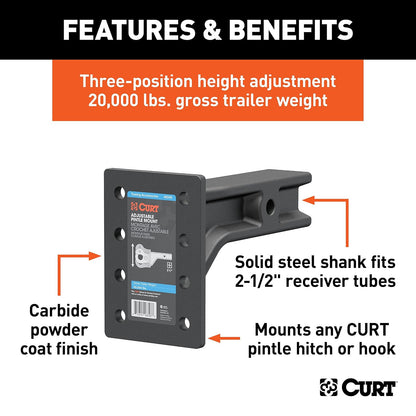 CURT 48348 Soporte de Enganche Ajustable para Garra, se Adapta a receptores de 2-1/2 Pulgadas, 20,000 Libras GTW, 7-1/4 Pulgadas de Altura de la Placa, 10-3/4 Pulgadas de Longitud del vástago