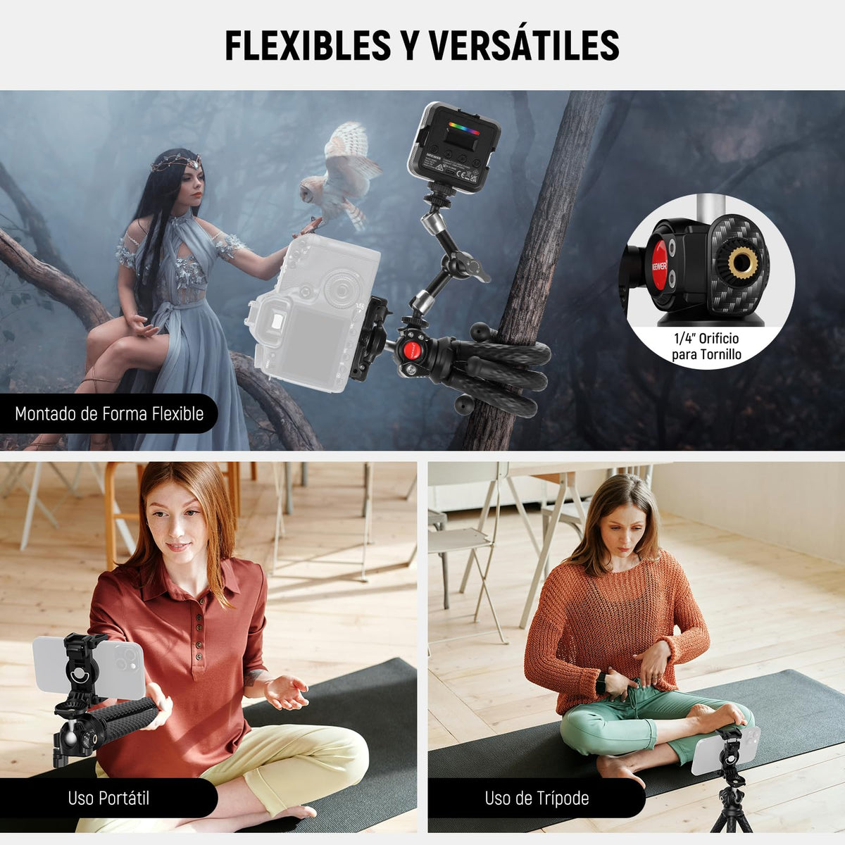 NEEWER Trípode Flexible Teléfono, Pequeño Mini Soporte Escritorio para Cámara con Oculto Phone Holder Adaptador Cámara Acción, Compatible con iPhone GoPro dji Insta360 Samsung para Video Vlogs, TP34