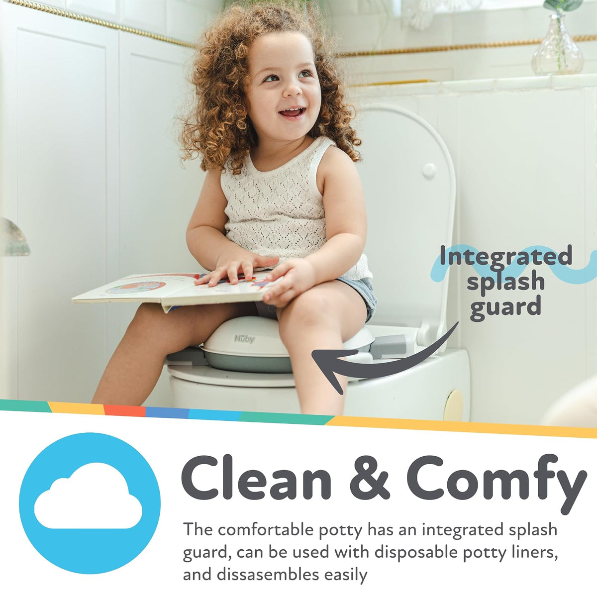 Nuby On-The-Go Asiento Portátil para Orinal - Asiento de Inodoro de Viaje para Niños y Niñas de 18+ Meses - Incluye Bolsa de Almacenamiento y Forros Desechables para Orinal - Esenciales de Viaje para