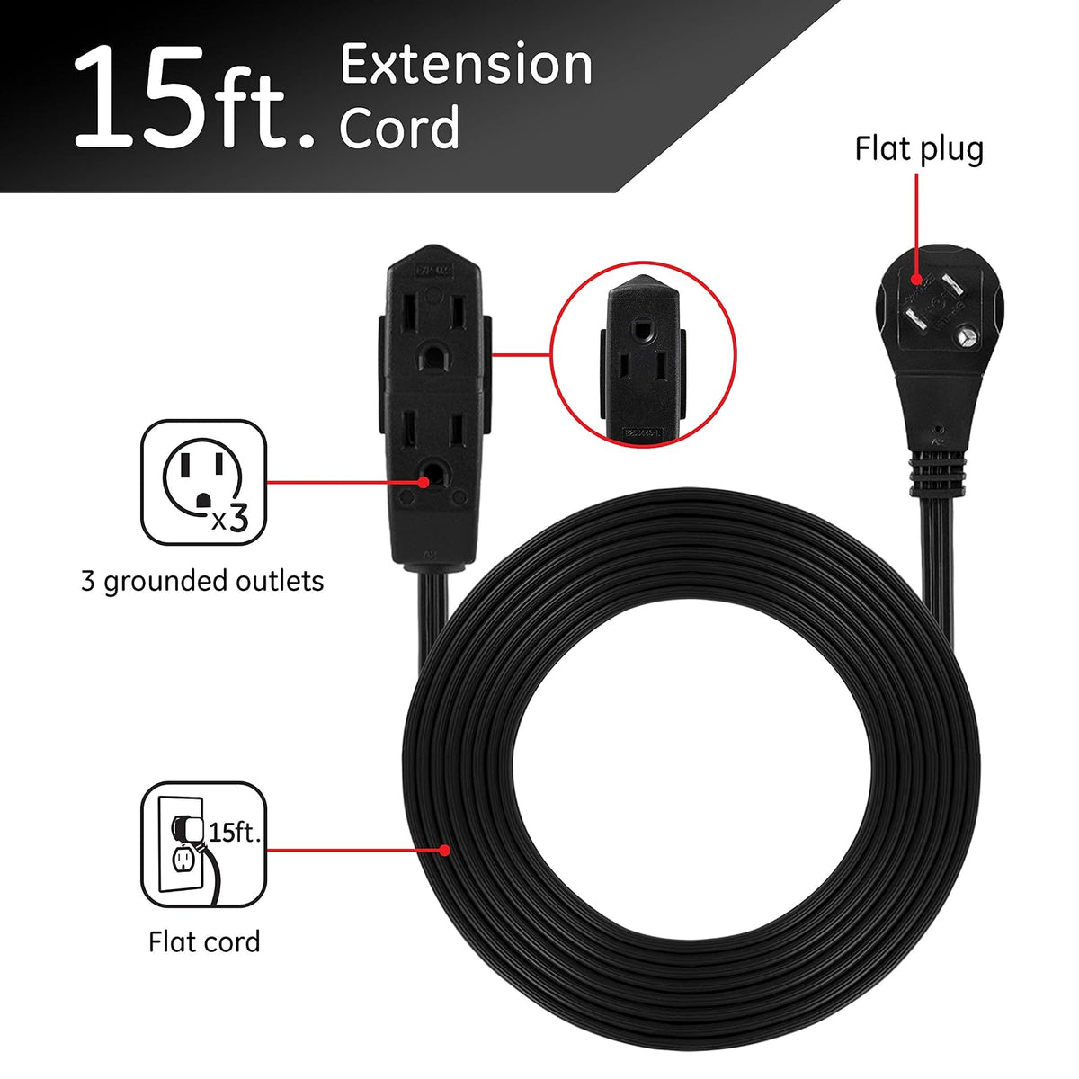 GE 56987 - Cable de extensión plano de 3 tomacorrientes con múltiples tomas, extensor de enchufe de 3 puntas, calibre 16 UL Listed Black