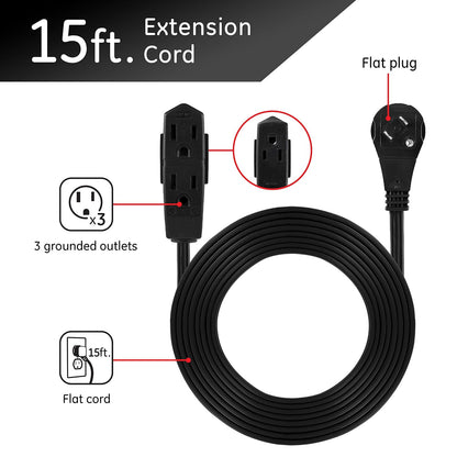 GE 56987 - Cable de extensión plano de 3 tomacorrientes con múltiples tomas, extensor de enchufe de 3 puntas, calibre 16 UL Listed Black