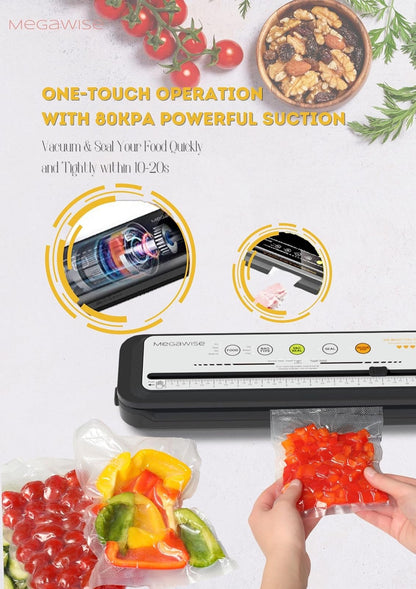 MEGAWISE Selladora al vacío para alimentos secos, húmedos y marinados | 80 kPa, Thin/Medium/Thick, VAC PULSE/STOP, 10 bolsas, cortador integrado, manguera para recipientes, color plateado