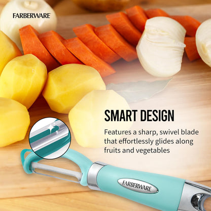 Farberware Euro Peeler, un esencial de cocina para pelar productos rápido y fácil, chocolate, quesos y más, cuenta con agujero para colgar para un fácil almacenamiento, apto para lavaplatos, Aqua Sky