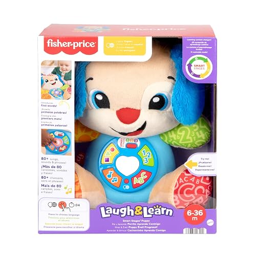 Fisher-Price Ríe y Aprende Perrito Aprende Conmigo 6+ Meses | Peluche musical; 5 botones, corazón iluminado y más de 80 canciones en español e inglés
