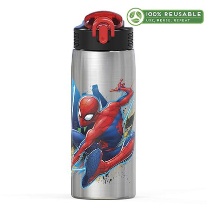 Zak Designs - Botella de agua Marvel 18/8 de acero inoxidable de una sola pared de 27 oz con popote abatible y tapa con cierre, taza duradera para deportes o viajes (27 oz, Spider-Man)