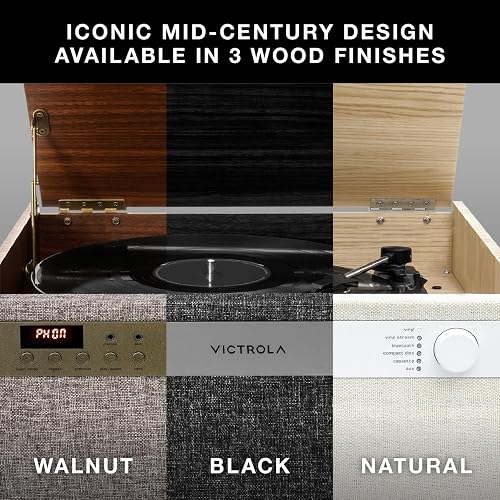 Victrola Century - Tocadiscos Bluetooth 6 en 1 - Natural Centro Musical de Mediados de Siglo Reproduce Vinilo, CD, Casete y Auxiliar, VINYLSTREAM transmite Discos a Altavoces Bluetooth