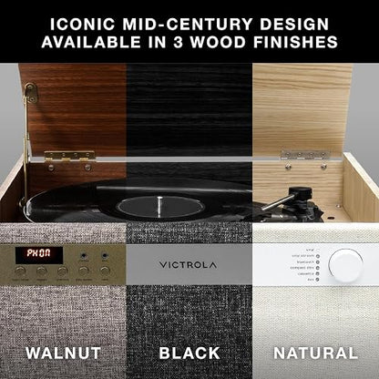 Victrola Century - Tocadiscos Bluetooth 6 en 1 - Natural Centro Musical de Mediados de Siglo Reproduce Vinilo, CD, Casete y Auxiliar, VINYLSTREAM transmite Discos a Altavoces Bluetooth