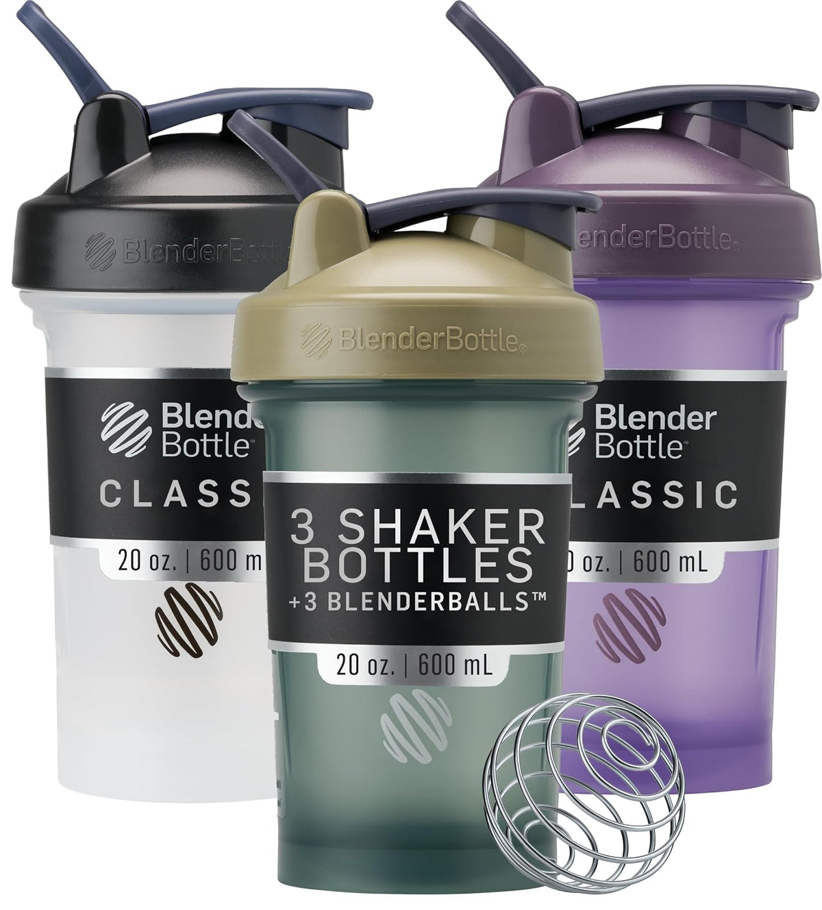 BlenderBottle Classic V2 Botella Mezcladora con BlenderBall, Varios Tamaños y Colores - 20 oz (Pack of 3) - Negro y bronceado - azul y morado