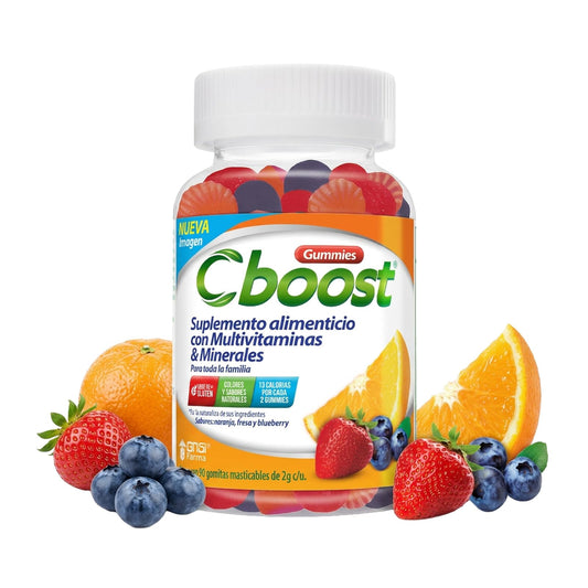 Cboost - Gomitas Multivitaminas y Minerales, Sin Gluten, Pack de 2x90 Pzs | Naranja, fresa y blueberry, colores y sabores naturales, 13 cal por porción, para toda la familia, certificación GMP