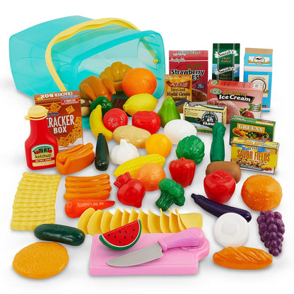 Play Circle Battat despensa de Juguete en Cubo con Alimentos y Accesorios | Despensa surtida con Set de 79, frutas, verduras, alimentos en caja, tabla, cuchillo y cubo con tapa y asa, 3 años y +