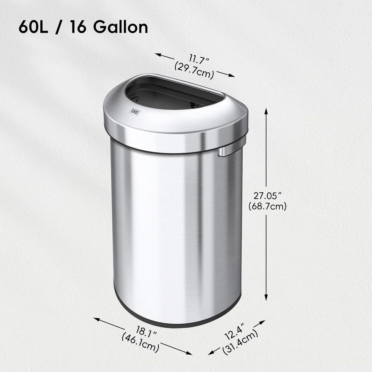 EKO Urban Bote de Basura Comercial 60 L con Tapa Abierta | Acero inoxidable cepillado, sin tapa, bandeja drenaje, asa transporte
