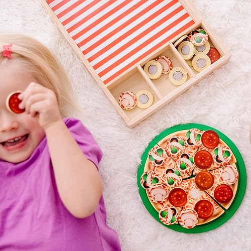 Melissa & Doug Alimentos de Juguete para Fiesta de Pizza, Juego de Imitación de Hacer Pizza, Juguete de Madera Pestañas Autoadhesivas, Más de 30 Piezas