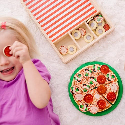 Melissa & Doug Alimentos de Juguete para Fiesta de Pizza, Juego de Imitación de Hacer Pizza, Juguete de Madera Pestañas Autoadhesivas, Más de 30 Piezas