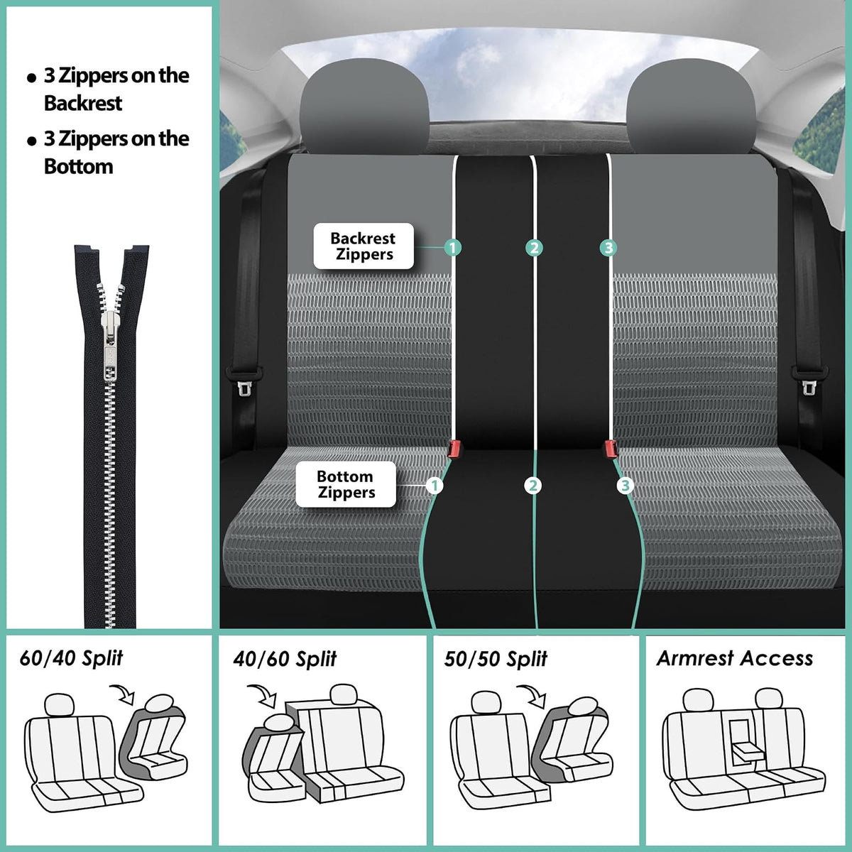 FH GROUP fb060128 Tres Fila Set Moda Elegancia Asiento de automóvil cubre, Gray (4 Buckets 1 Bench)