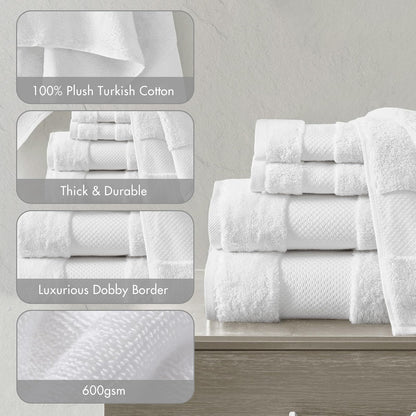 Madison Park - Juego de Toallas de baño Turco, 100% algodón, 600 g/m², de Lujo, Gruesas, Suaves, absorbentes, para baño, Ducha, Manos, Cara, Varios tamaños, Blanco, 6 Piezas