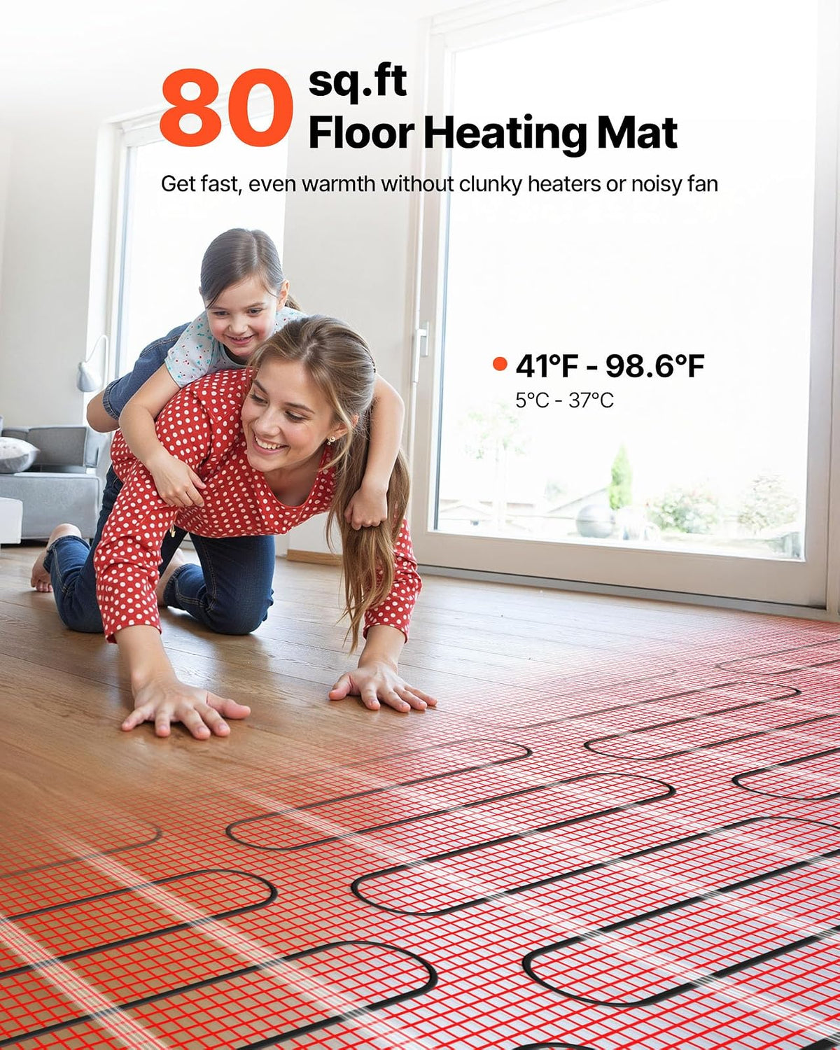 VEVOR - Sistema de calefacción por suelo radiante de malla autoadhesiva de 80 pies cuadrados (120 V), con termostato y alarma de control inteligente, fácil instalación para azulejos, piedra y vinilo.