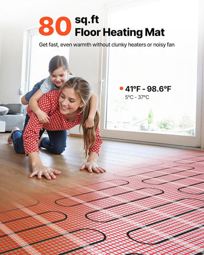 VEVOR - Sistema de calefacción por suelo radiante de malla autoadhesiva de 80 pies cuadrados (120 V), con termostato y alarma de control inteligente, fácil instalación para azulejos, piedra y vinilo.