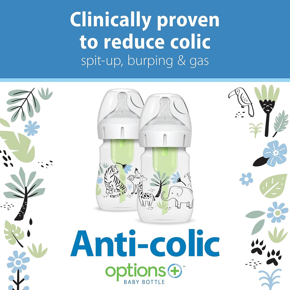 Dr. Brown’s Natural Flow® Anti-Colic Options+™ Wide-Neck Baby Bottle Designer Edition Bottles, Jungle Decos, 5 oz/150 mL, Level 1 Nipple, 2-Pack, 0m+