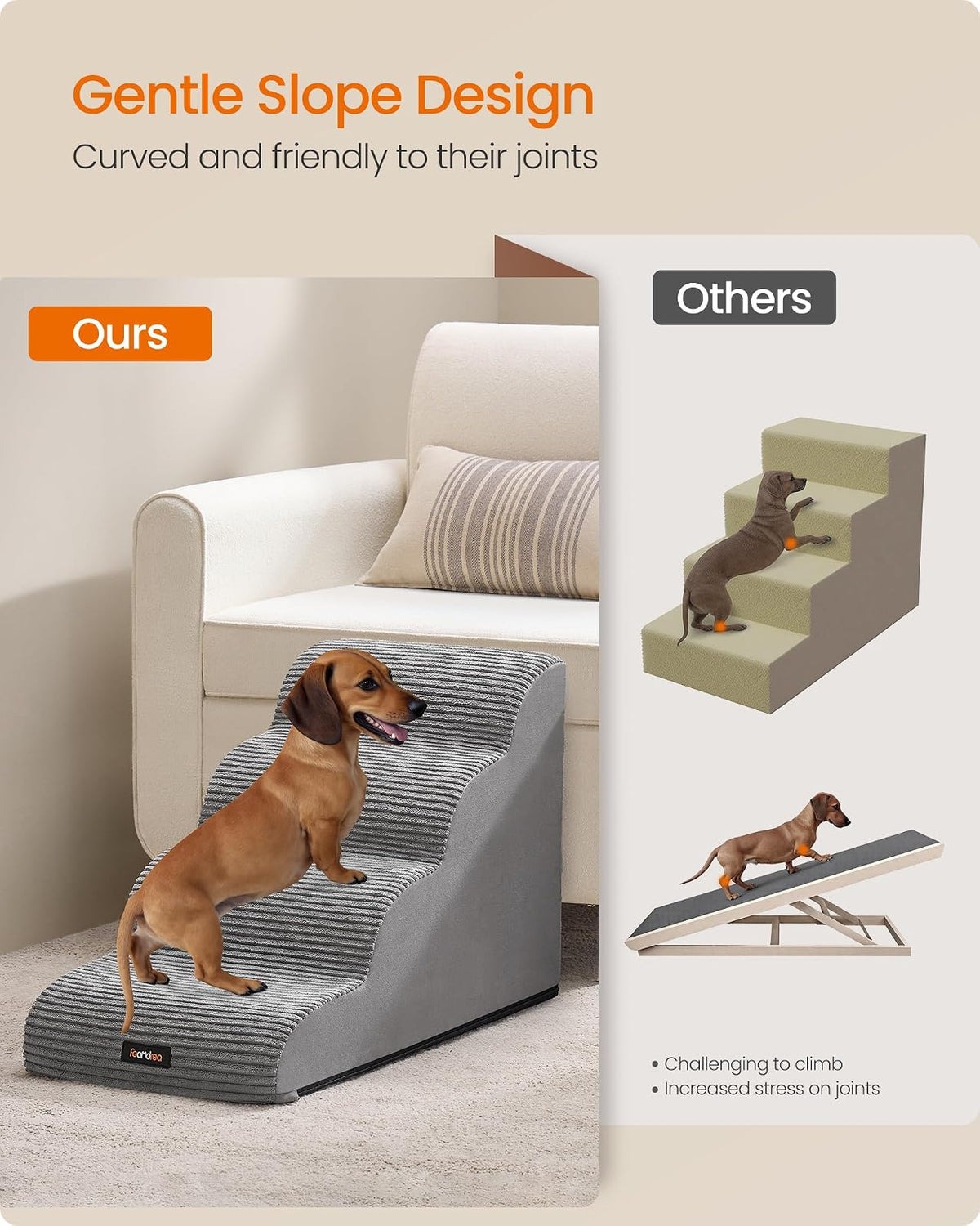 Feandrea Escalera para Perros de 4 Peldaños, Antideslizante, 72x40x50cm | Cubierta Lavable Extraíble, para Cama, Sofá, Gris, Colección BADDI MPPS004G01