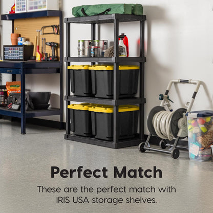 IRIS USA 4 Contenedores Resistentes de 12 Gal con Tapa, Negro/Amarillo | Diseñado para herramientas, ferretería y suministros automotrices. Forma apilable para garajes y talleres.