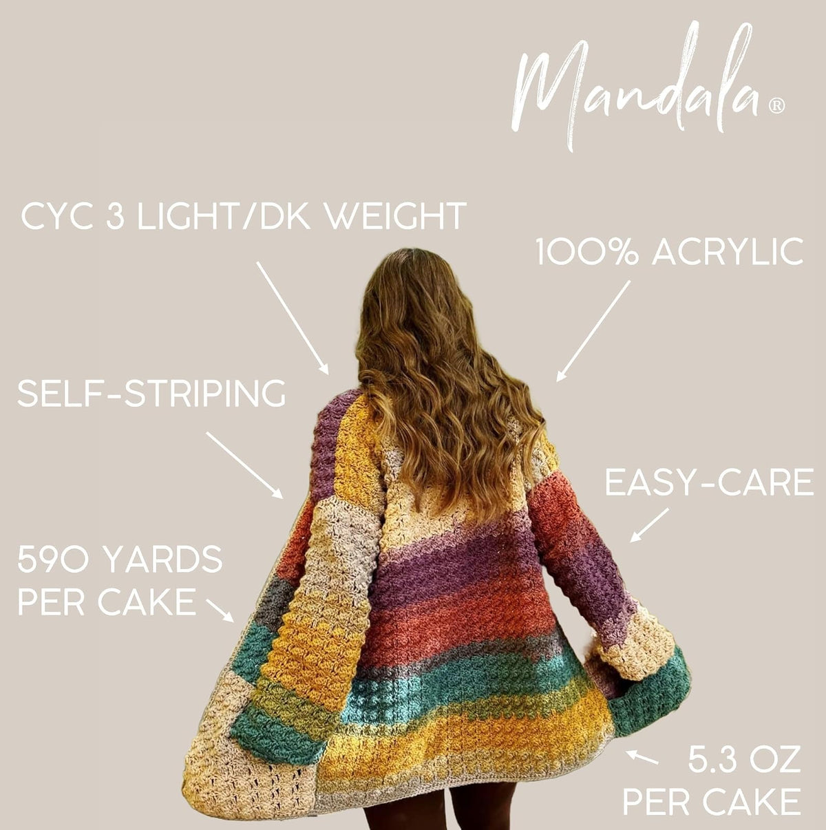 Lion Brand - Hilo ligero Mandala DK para tejer, ganchillo y manualidades, Doxy, 1 paquete, fibra acrílica autorayas para mantas de bebé, chales multicolor y cárdigans abigarrados
