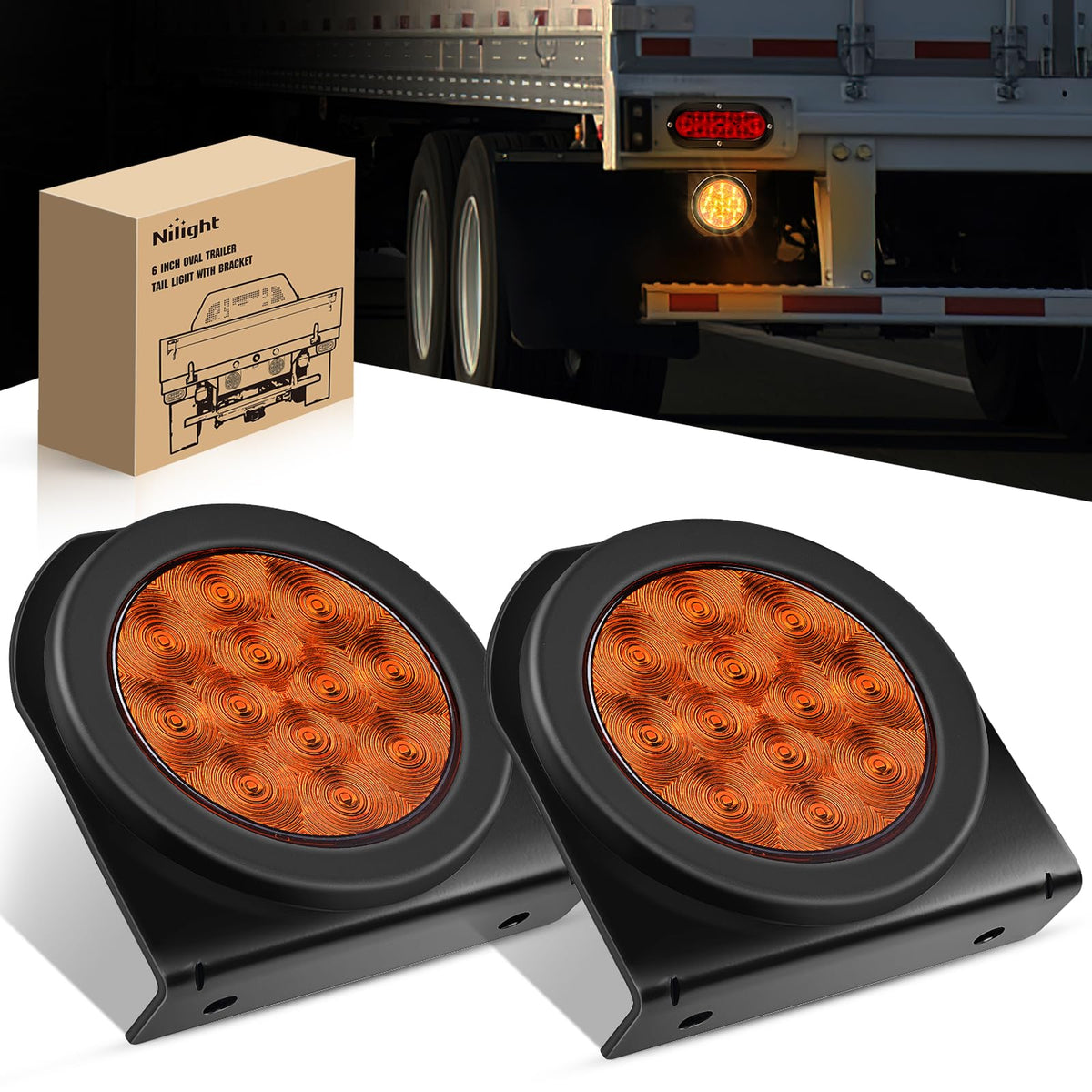 Nilight Luces Traseras Redondas LED 4 Pulgadas Freno e Intermitente - Amber + Brackets 2pcs
