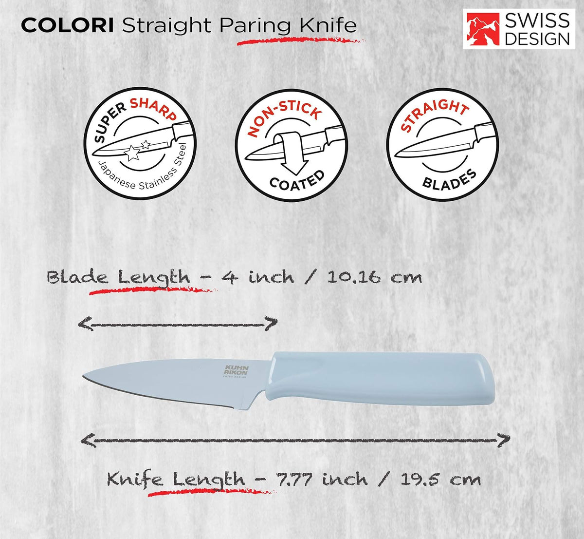 Kuhn Rikon Colori - Cuchillo de pelar recto antiadherente con funda de seguridad, hoja de 10,16 cm, color azul claro