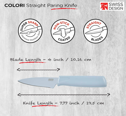 Kuhn Rikon Colori - Cuchillo de pelar recto antiadherente con funda de seguridad, hoja de 10,16 cm, color azul claro