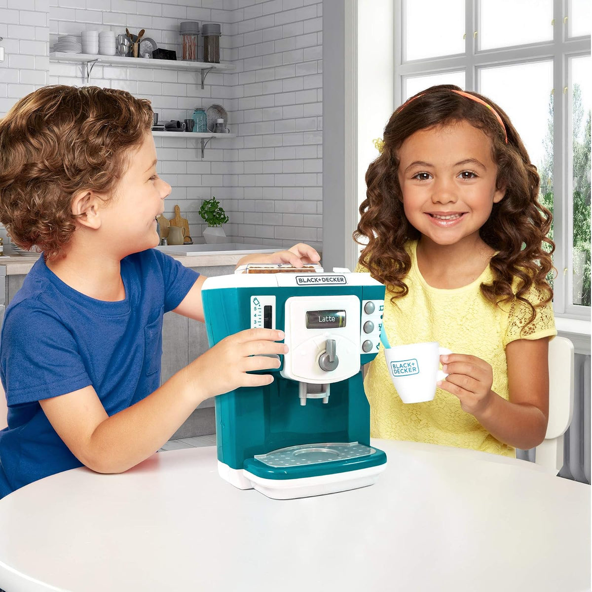 BLACK+DECKER Junior Coffee Maker Role Play Pretend Kitchen Appliance for Kids with Realistic Action, Light and Sound - Plus Toy Coffee Mug for Imaginary Brewing Fun