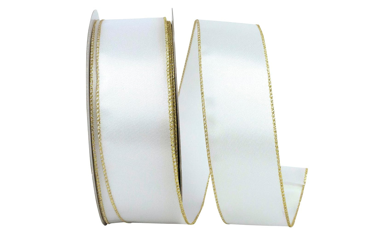 Reliant Ribbon 92971W-980-40K Cinta de borde metálico con alambre, 2-1/2 pulgadas x 50 yardas, blanco/dorado