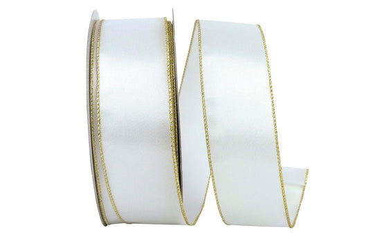 Reliant Ribbon 92971W-980-40K Cinta de borde metálico con alambre, 2-1/2 pulgadas x 50 yardas, blanco/dorado