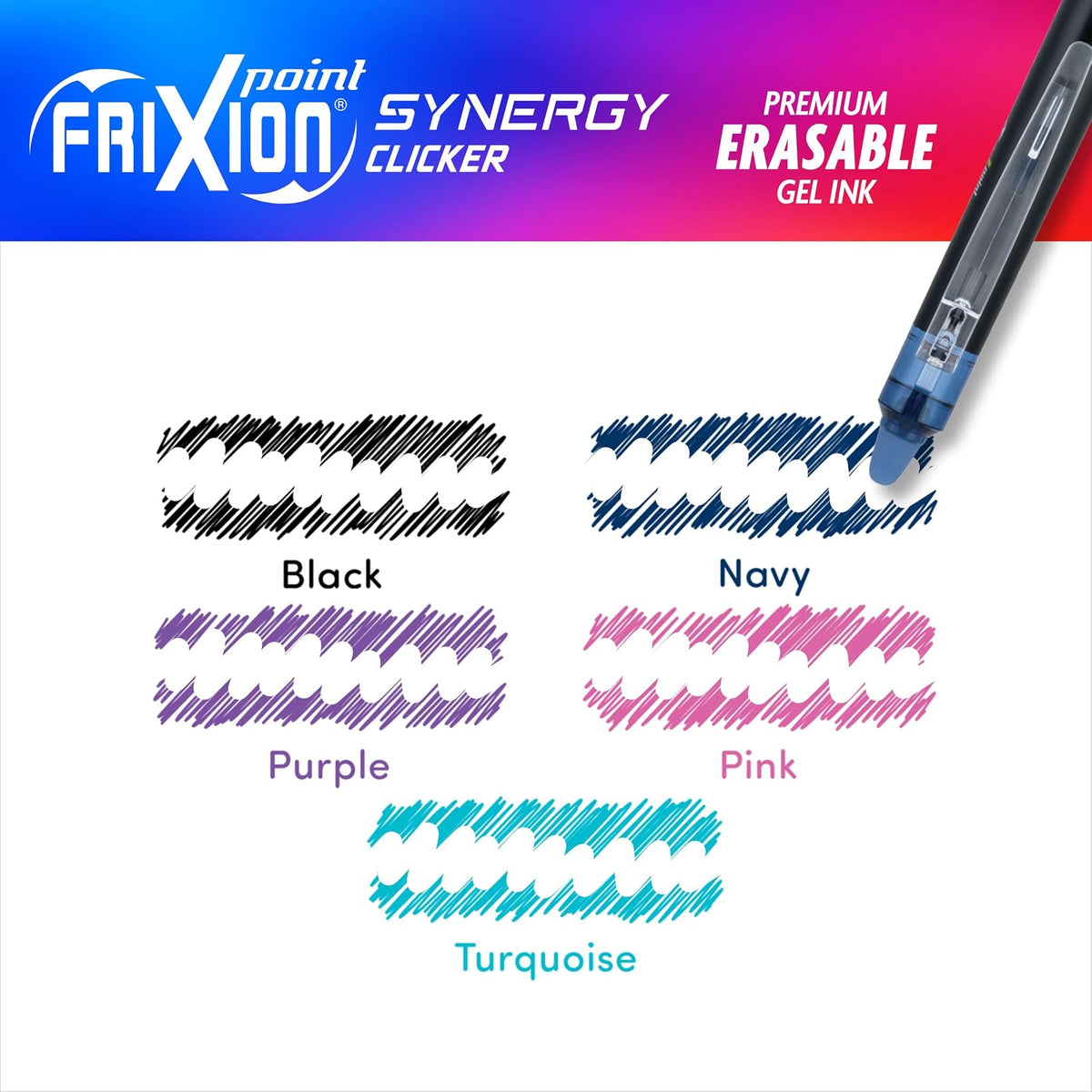 Pilot FriXion Synergy Clicker - Bolígrafos de tinta de gel retráctil, punta extrafina de 0,5 mm, paquete de 5, colores surtidos, bolígrafos borrables FriXion 0,5, ideales para escritura escolar y