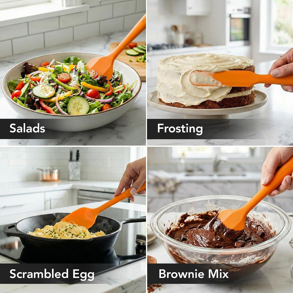 OVENTE Juego de utensilios de cocina de silicona – Espátulas de goma de grado alimenticio de silicona resistente al calor con núcleo de acero inoxidable y diseño sin costuras, espátula de goma antiad