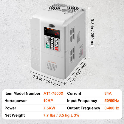 VEVOR Variador de Frecuencia 7,5 kW, Convertidor de Frecuencia 10 HP 34 A 0-400 Hz VFD con Entrada Monofásica, Salida Trifásica, Control de Velocidad, Enfriamiento Rápido, para Motores de Máquinas