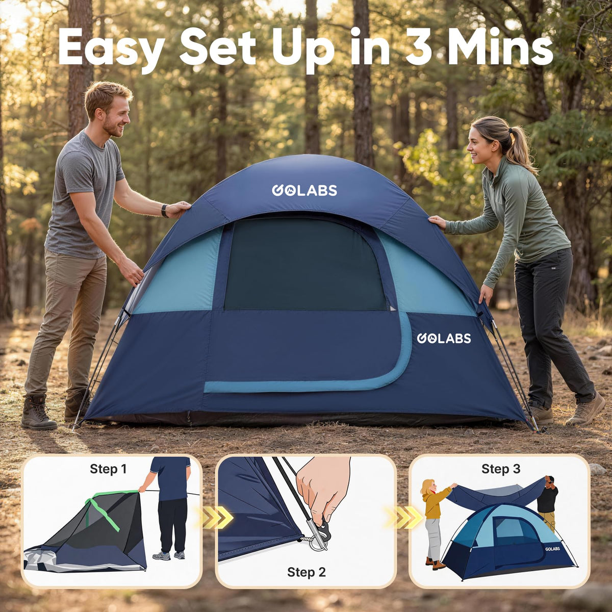 Golabs CT1 - Tienda de campaña para 2 Personas, fácil de Instalar en 3 Minutos, PU1500 mm Impermeable con Parte Superior de Malla y Puerta con ventilación, Ligera Tienda Familiar portátil de 4.5