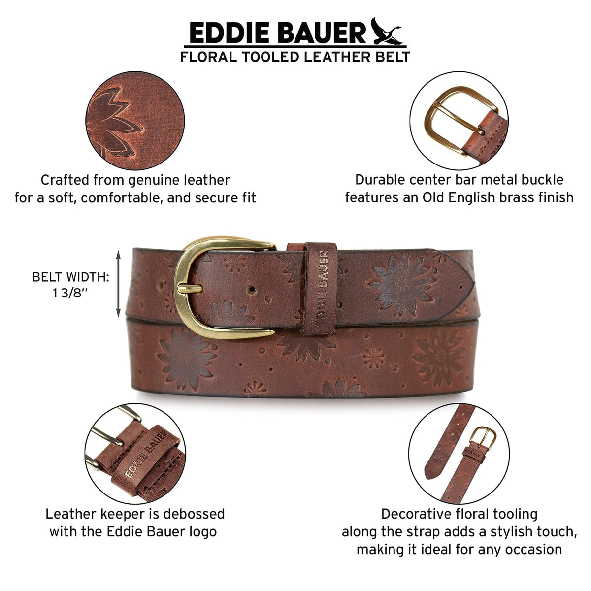 Eddie Bauer Cinturón de piel con dientes florales Cinturón para Mujer