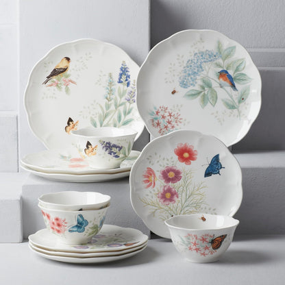 Lenox Vajilla Butterfly Meadow Flutter 12 Piezas para 4 Comensales, Porcelana Blanca, Diseños de Aves, Apta para Microondas