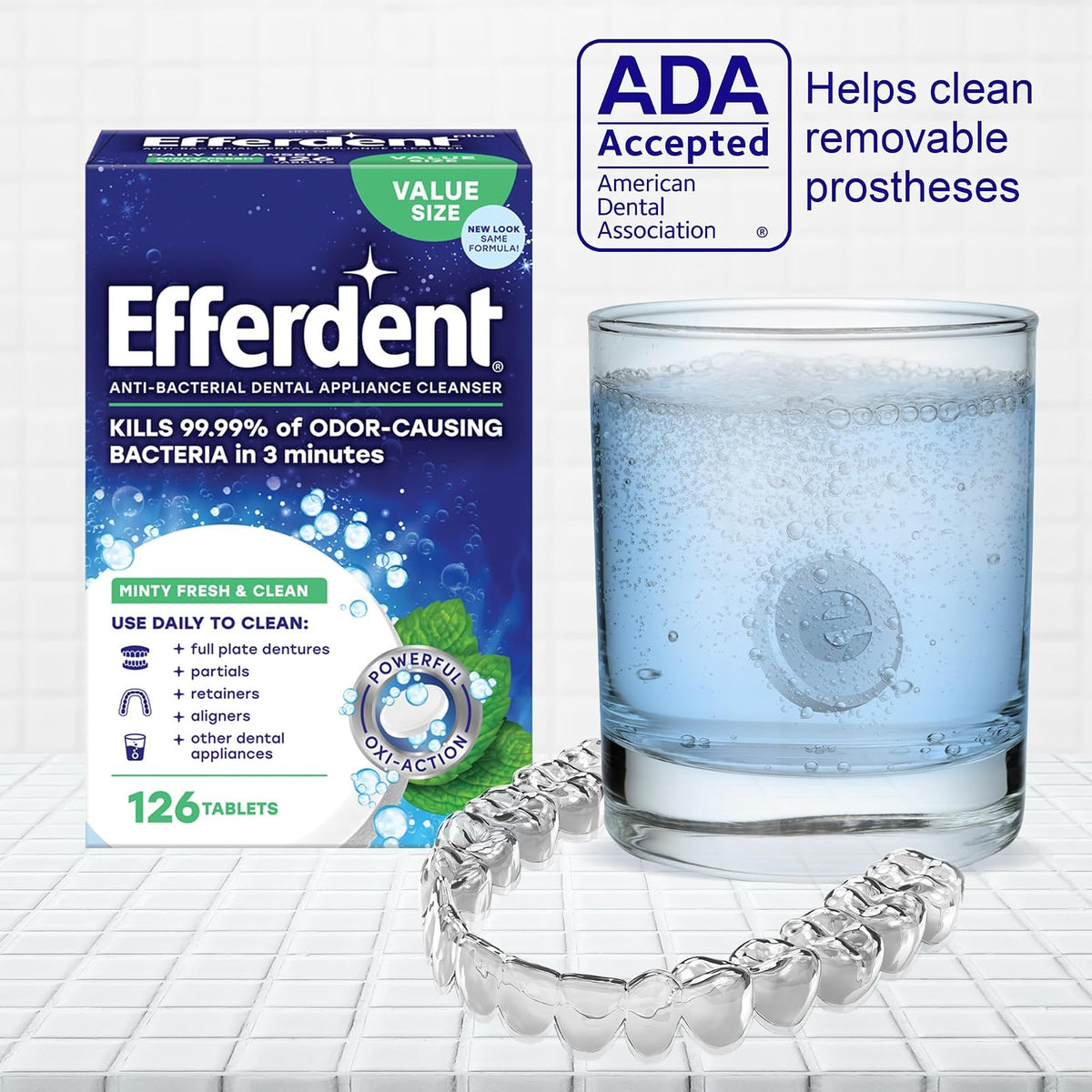 Efferdent Plus Mint Anti-Bacterial Denture Cleanser Tablets, 126 Count