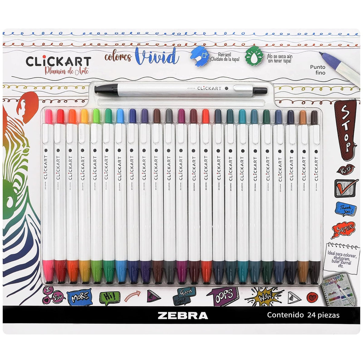 Zebra Marcador Retráctil Clickart 24 Piezas Tinta Anti-secado Punto Fino (VIVID)