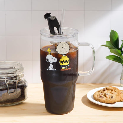 Peanuts Snoopy - Vasos de vidrio con tapas y popotes - Vaso de 40 onzas con asa y popote, botellas de agua de vidrio, vasos con popotes, tazas de café helado, taza de café de viaje, vaso de licuado