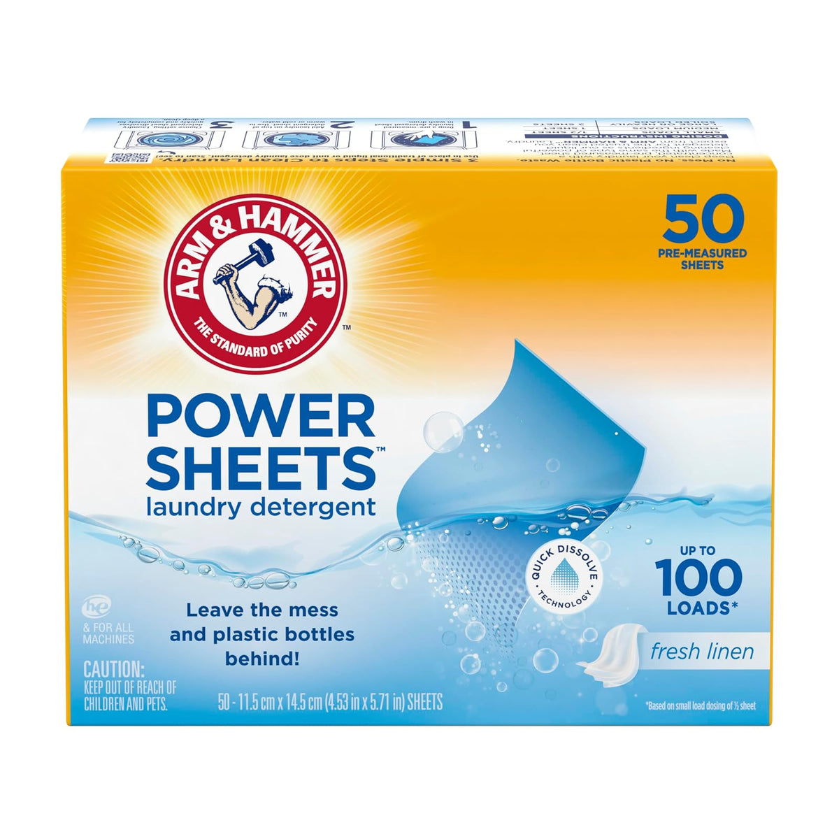 Arm & Hammer Power Sheets Caja con 50 Piezas. Detergente para Ropa en Láminas. Limpieza Profunda, Rápida Disolución y Fresco Aroma. Sin Cloro, Empaque Reciclable. Funciona en Todo Tipo de Lavadoras