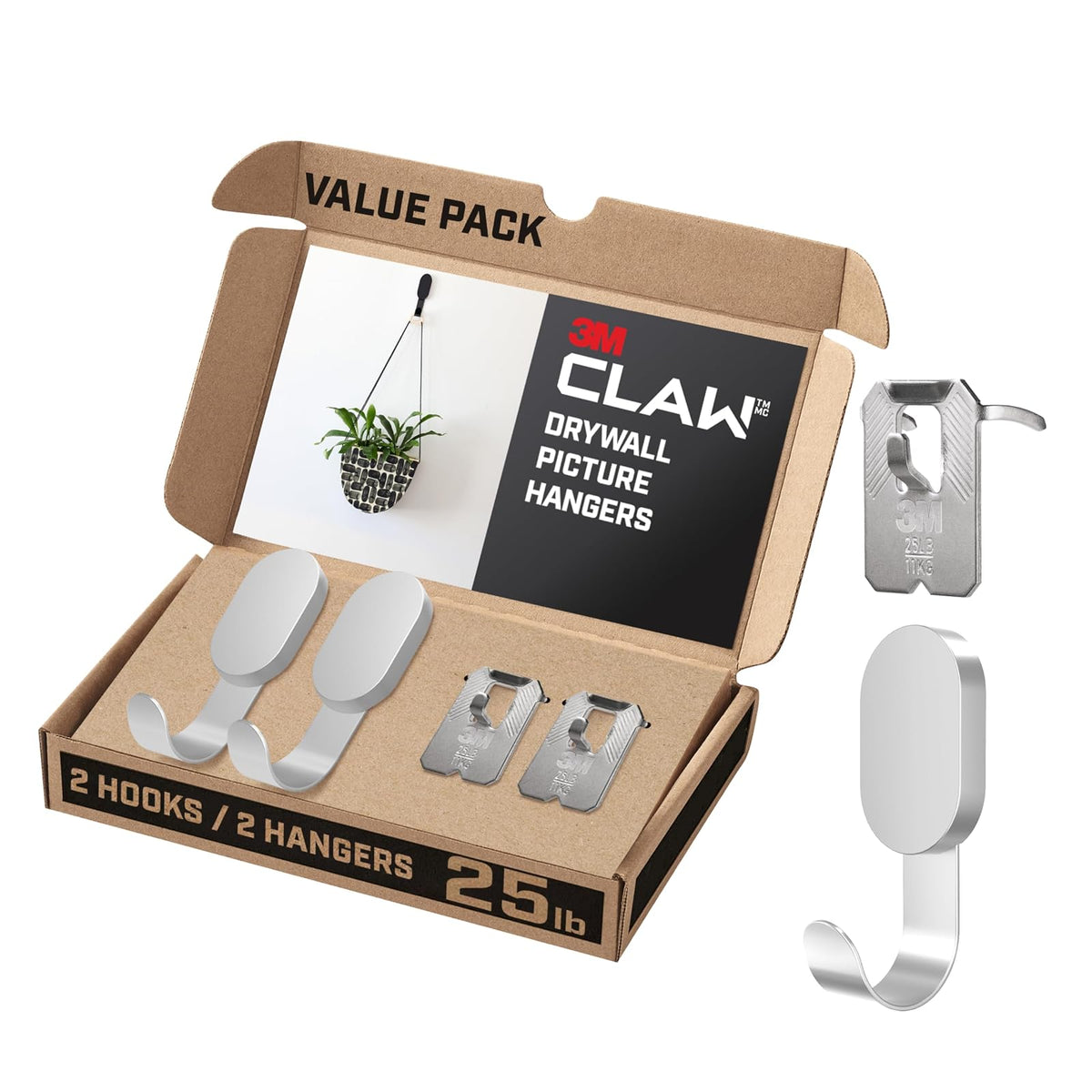 3M CLAW 25 libras. 2 ganchos plateados para paneles de yeso y 2 perchas de fotos adicionales, solución pesada para colgar mochilas, chaquetas, fotos y decoración de habitaciones, bonitos ganchos de - Large - plateado
