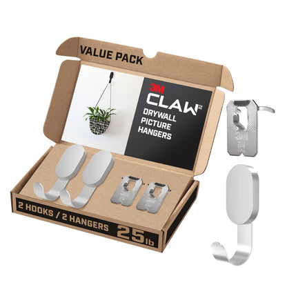 3M CLAW 25 libras. 2 ganchos plateados para paneles de yeso y 2 perchas de fotos adicionales, solución pesada para colgar mochilas, chaquetas, fotos y decoración de habitaciones, bonitos ganchos de - Large - plateado