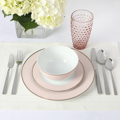 Martha Stewart Gracie Lane - Juego de vajilla de porcelana, 12 piezas, resistente a los arañazos y astillas, color rosa con borde dorado