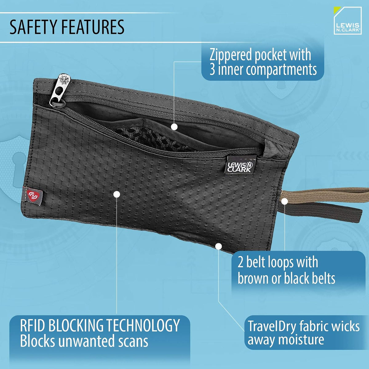 Lewis N. Clark RFID-Blocking - portafolios para cinturón de viaje oculta, Rfid - Cinturón para billetes y tarjetas de crédito, Negro, Una talla